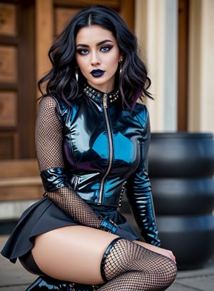 photorealistic, masterpiece, best quality, raw photo, 1woman, black straight hair, bright blue foils in all the time, deep black eyeliner, dark Eye shadow, black lipstick, five piercings in her face, nose ring, dressed black fishnet stockings under her short skirt, high heeled boots, a leather jacket with studs, full_body
