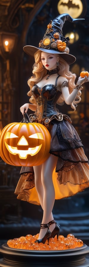 (((a girl with a halloween costume and a wizard hat holding a halloween pumpkin))),8k, hyperrealism,photorealistic painting, studio quality, delicate micro mecanical translucent ballerina glass fullbody standing on a glowing pedestal , light sparkling eyes, , mechanical parts, led glowing , scaly gelatinous mosaic armor, translucent glass skin , intricate , 1.8 Canon 100mm F2.8, background old steampunk toy shop, dust, nightime