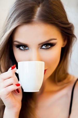 Beautyful Girl with a cup of Coffee in her hand, Red Finger nails, wearing dessous 