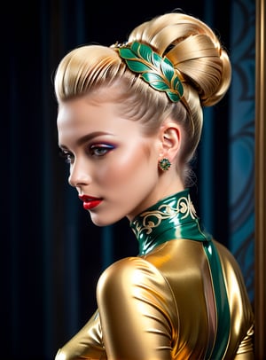 best quality, masterpiece,	
Envision a stunning Swiss model with a blonde bun, channeling the 1930s Hollywood glamour, wrapped in a latex ensemble that daringly reinterprets Art Nouveau's fluidity and rose motifs. Her attire, a modern twist on the elegance of the 1930s, showcases the sleek, sculptural quality of latex, adorned with subtle rose designs that whisper of Art Nouveau's love for nature. Against a backdrop inspired by the golden age of Hollywood, she stands as a bold fusion of past and present, her timeless hairstyle and the innovative fabric creating a striking contrast that captivates and challenges traditional notions of beauty and style, fullbody.
ultra realistic illustration, siena natural ratio, ultra hd, realistic, vivid colors, highly detailed, UHD drawing, perfect composition, ultra hd, 8k, he has an inner glow, stunning, something that even doesn't exist, mythical being, energy, molecular, textures, iridescent and luminescent scales, breathtaking beauty, pure perfection, divine presence, unforgettable, impressive, breathtaking beauty, Volumetric light, auras, rays, vivid colors reflects.