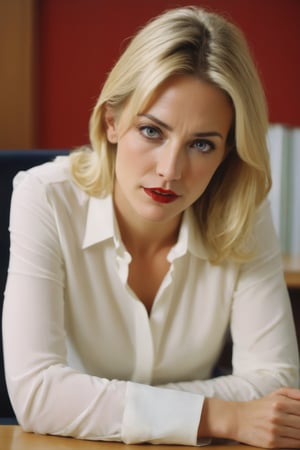woman 36 years old, white_blouse, blond_hair, head with a bloody bullet wound in the temple, head lies on the desk, eyes wide open, basic_background single office