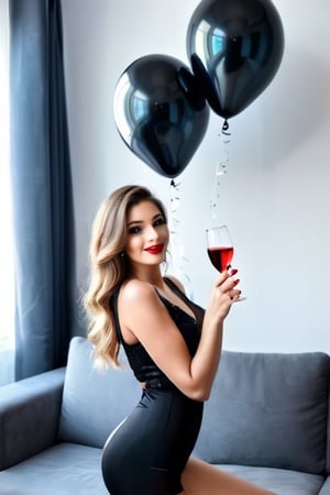 Beautyful Girl celebrating birthday, have a glass of Sparkling wine in her hand, Red Finger nails, wearing black dessous, background living room, Balloon 