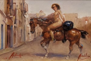 naked woman riding horse in a city street, bystanders,  in the style of arrebola, sunny