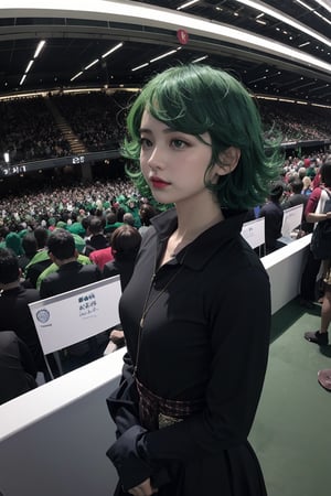 1girl, (masterpice), best quality, high quality, high quality, high detail, very small breast, short green hair, green eyes, black clothes, inside crowded convention building with stands,