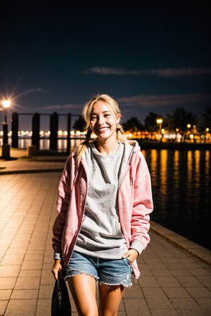 (RAW photo, best quality), (realistic),photo, masterpiece, 1girl,  blonde caucasian, long_ponytail, looking at viewer, hoodies, jacket, shorts, at night outdoor, harbor, street, full body, (light smile:0.7),blush, long shot,photorealistic,