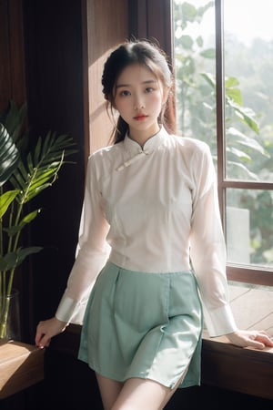 Vietnamese girl in shirt with short skirt, portrait, office scene, elegant and poetic style, soft natural light, flowing shirt fabric, surrounded by fresh greenery in the office work, harmony with nature, traditional graceful beauty, poetic and romantic atmosphere, capturing the essence of a poetic muse,aodai,VINTAGE, look_at_viewer, ,dream_girl