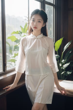 Vietnamese girl in shirt with short skirt, portrait, office scene, elegant and poetic style, soft natural light, flowing shirt fabric, surrounded by fresh greenery in the office work, harmony with nature, traditional graceful beauty, poetic and romantic atmosphere, capturing the essence of a poetic muse,aodai,VINTAGE, look_at_viewer, ,dream_girl