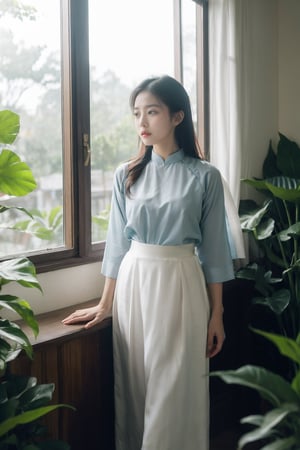 Vietnamese girl wearing shirt, snoring skirt, portrait, office scene, elegant and poetic style, soft natural light, body-hugging shirt and skirt, surrounded by fresh green plants in the place office work, harmony with nature, traditional graceful beauty, poetic, romantic atmosphere, attractive Essence of a poetic muse,aodai,VINTAGE, look_at_viewer, ,dream_girl