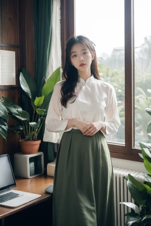 Vietnamese girl wearing shirt, snoring skirt, portrait, office scene, elegant and poetic style, soft natural light, body-hugging shirt and skirt, surrounded by fresh green plants in the place office work, harmony with nature, traditional graceful beauty, poetic, romantic atmosphere, attractive Essence of a poetic muse,aodai,VINTAGE, look_at_viewer, ,dream_girl