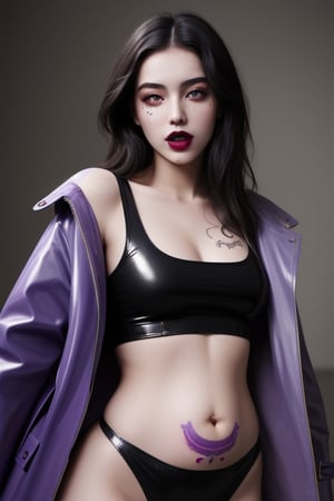 Latex tanktop, ahegao_face, open_coat,lora:GirlfriendMix2:1, ,Detailedface, purple_lipstick, purple eyeshadow, yellow_eyes, sexy_pose, body body, tatto on belly and neck