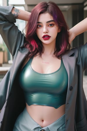 Latex tanktop, ahegao_face, open_coat,lora:GirlfriendMix2:1, ,Detailedface, purple_lipstick, purple eyeshadow, yellow_eyes, hentay_pose, body body, tatto on belly and neck, red hair, ,m4d4m