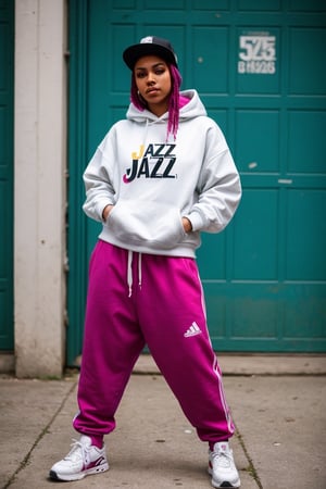 Jazz is a 22-year-old B-girl who lives in an urban city. Voluptuous, she has short, brightly dyed hair, and wears an urban, sporty style, with hoodies and sneakers. His passion for breakdancing is reflected in his skill and dedication on the dance floor, where he demonstrates his unique style and creativity in every move. Jazz is also a talented street artist, using graffiti culture as another form of artistic expression. She is known in the hip hop community for her energy and commitment to art and culture.,sagging breasts