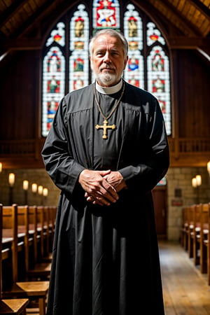 a Man, Father O'Reilly, The town priest, who has contact with many of the inhabitants and may have heard important confessions. Man of about 55 years old, with a robust figure and large hands. He has short, gray hair and a short, well-groomed beard. He always dresses in black with a white clerical collar. His eyes are kind, but his voice is firm and authoritative when necessary. with a shrewd look. appearance of the old west, old american west. (full dark background), 1girl, masterpiece, best quality, high resolution, 8K, HDR, bloom, ray tracing, detailed shadows, bokeh, depth field, film photography, film grain, glow, (wind:0.8), cinematic lighting, (hyper detailed:1.15), 1man, in his rustic church from the 1800's, in the old American west, 