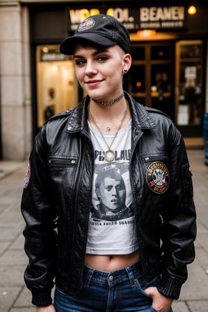 Charlotte Mitchell, 22 years old, Shaved head with small bangs, defiant look and rebellious smile. He wears a black Harrington jacket, a t-shirt with the logo of his favorite band, tight jeans, and Dr. Martens boots. She sports several metal necklaces, a fabric bracelet with the Skinhead movement logo, and a piercing in her nose. Adventurer, punk rock lover and defender of the working class. He enjoys going to concerts, singing loudly, and participating in left-wing political activities.,big boobs