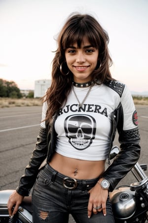 1girl, Sofía "La Rebelde" Martínez, 22 years old, long brown hair with bangs, defiant look and rebellious smile. He wears a black leather jacket, black jeans, motorcycle boots, and a t-shirt with the logo of his favorite band. She sports several metal necklaces, a studded leather bracelet, and a ring in the shape of a skull. Adventurer, motorcycle lover and defender of individual freedom. She enjoys riding his motorcycle on the road, listening to rock at full volume and participating in biker events.