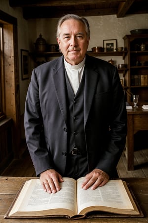 a Man, Father O'Reilly, The town priest, who has contact with many of the inhabitants and may have heard important confessions. Man of about 55 years old, with a robust figure and large hands. He has short, gray hair and a short, well-groomed beard. He always dresses in black with a white clerical collar. His eyes are kind, but his voice is firm and authoritative when necessary. with a shrewd look. appearance of the old west, old american west. (full dark background), 1girl, masterpiece, best quality, high resolution, 8K, HDR, bloom, ray tracing, detailed shadows, bokeh, depth field, film photography, film grain, glow, (wind:0.8), cinematic lighting, (hyper detailed:1.15), 1man, in his rustic office from the 1800's, in the old American west, 