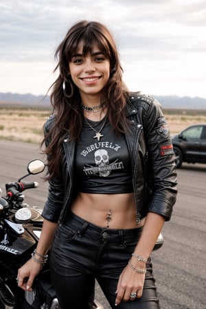 1girl, Sofía "La Rebelde" Martínez, 22 years old, long brown hair with bangs, defiant look and rebellious smile. He wears a black leather jacket, black jeans, motorcycle boots, and a t-shirt with the logo of his favorite band. She sports several metal necklaces, a studded leather bracelet, and a ring in the shape of a skull. Adventurer, motorcycle lover and defender of individual freedom. She enjoys riding his motorcycle on the road, listening to rock at full volume and participating in biker events.