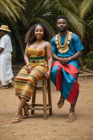 "Generate an image of Ashanti individuals in Ghana wearing kente cloth, participating in the Akwasidae festival. Include a background of the royal palace, golden stools, and tropical forests."