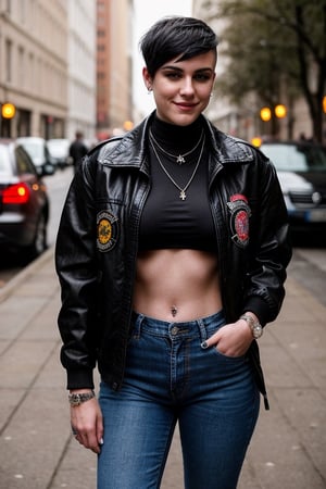 Charlotte Mitchell, 22 years old, Shaved head with small bangs, defiant look and rebellious smile. He wears a black Harrington jacket, a t-shirt with the logo of his favorite band, tight jeans, and Dr. Martens boots. She sports several metal necklaces, a fabric bracelet with the Skinhead movement logo, and a piercing in her nose. Adventurer, punk rock lover and defender of the working class. He enjoys going to concerts, singing loudly, and participating in left-wing political activities.,big boobs