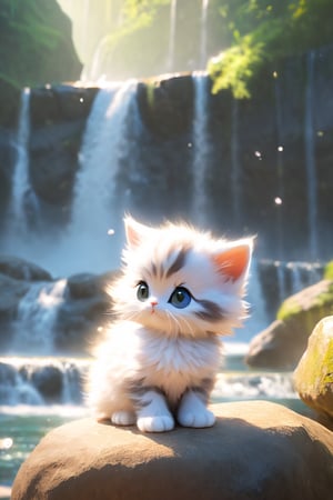 a kittens is sitting on a large rock in front of a waterfall and looking at the waterfalls, samikshavad, pinterest, Landscape, pexels, Adventure fantasy, Lost world, rayasi, picture, jigsaw puzzle, instagram, Sheela Gowda, simaura, stock photo, hurufiyya, ramanda, Tunga, screenshot, tumblr, digital rendering, Diagrammatic, Romantic fantasy, Xianxia, Ramkinkar Baij, unsplash, Figurative, sumatraism, Life, Fabulation, priysantheme, Photorealism, N. S. Harsha, nurugai, regionalism, naturalism, Deng Shiru,Xxmix_Catecat