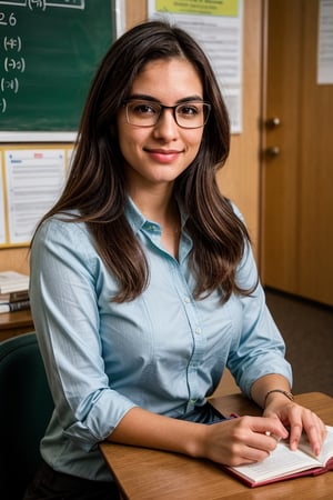 Professor Reyes: 27yo. A mathematics teacher, with brown hair and green eyes. attractive, well contoured body, wears glasses. She is quiet and reserved, but has a great sense of humor and is very approachable to her students. She often organizes tutoring sessions for dorm students who need extra help with their courses.,gilr