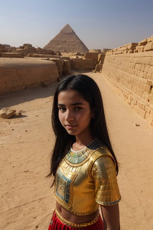 "It generates an image of a beautiful Egyptian girl, 12yo, ancient Egypt near the pyramids of Giza, dressed in traditional ancient Egyptian clothing, surrounded by hieroglyphics and the Nile River in the background."