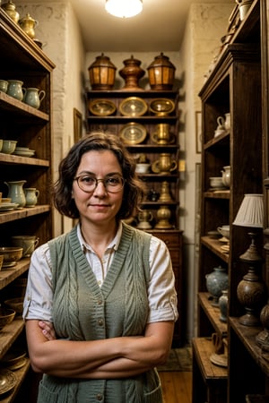 Clara (Antique Store Owner) Physical Description: A woman 40yo, of medium build and short height (around 1.60 m). She has short hair and wears round glasses. His eyes are green and always full of curiosity. He usually dresses in comfortable, fresh and well-kept clothes. Background: Clara is the owner of an antique store in the town. He has lived there all his life and has a vast knowledge of local history and ancient objects. 