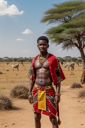 "Create an image of Masai warriors in Kenya or Tanzania, dressed in traditional red shukas, standing against the backdrop of the Serengeti plains. Include elements such as acacia trees, wildlife like giraffes or zebras, and a traditional Masai village."