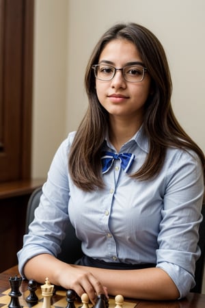 Lucía Herrera (Support), 1girl, a 17-year-old student with glasses and an academic appearance, intelligent and reserved, uses her skills to decipher crucial information as the chess club president.