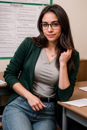 Professor Reyes: 27yo. A mathematics teacher, with brown hair and green eyes. attractive, well contoured body, wears glasses. She is quiet and reserved, but has a great sense of humor and is very approachable to her students. She often organizes tutoring sessions for dorm students who need extra help with their courses.