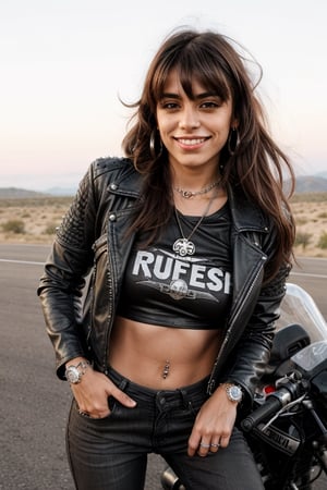 1girl, Sofía "La Rebelde" Martínez, 22 years old, long brown hair with bangs, defiant look and rebellious smile. He wears a black leather jacket, black jeans, motorcycle boots, and a t-shirt with the logo of his favorite band. She sports several metal necklaces, a studded leather bracelet, and a ring in the shape of a skull. Adventurer, motorcycle lover and defender of individual freedom. She enjoys riding his motorcycle on the road, listening to rock at full volume and participating in biker events.