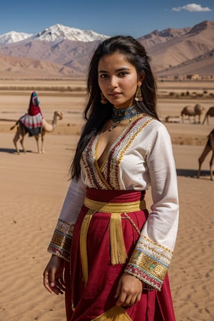 "Create an image of a beautiful Berber girl 35yo. dressed in traditional attire, standing in front of the Atlas Mountains in Morocco. Include elements such as a Berber tent, camels, and intricate patterns on her clothing, Read Description!