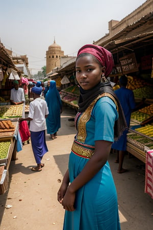 "Create an image of a beautiful 16-year-old girl from the Hausa people in a bustling market in Kano, Nigeria, wearing traditional costumes. Include vibrant market stalls, Hausa architecture and a background of the ancient city walls."