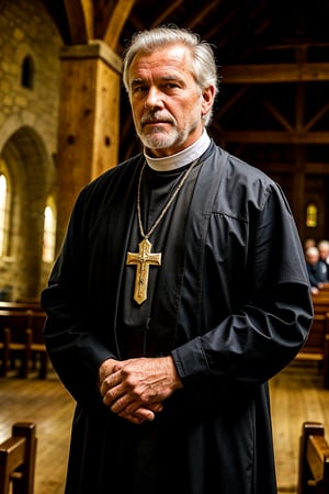 a Man, Father O'Reilly, The town priest, who has contact with many of the inhabitants and may have heard important confessions. Man of about 55 years old, with a robust figure and large hands. He has short, gray hair and a short, well-groomed beard. He always dresses in black with a white clerical collar. His eyes are kind, but his voice is firm and authoritative when necessary. with a shrewd look. appearance of the old west, old american west. (full dark background), 1girl, masterpiece, best quality, high resolution, 8K, HDR, bloom, ray tracing, detailed shadows, bokeh, depth field, film photography, film grain, glow, (wind:0.8), cinematic lighting, (hyper detailed:1.15), 1man, in his rustic church from the 1800's, in the old American west, 