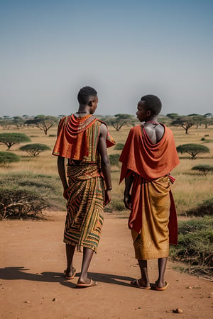 "Create an image of Masai warriors in Kenya or Tanzania, dressed in traditional red shukas, standing against the backdrop of the Serengeti plains. Include elements such as acacia trees, wildlife like giraffes or zebras, and a traditional Masai village."