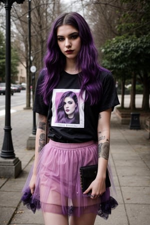 Violet is a 19-year-old emo studying art at a local university. She has long, dyed purple hair, with strands in blue and pink tones, and has piercings in her nose and ears. Her style is alternative and expressive, with dark and dramatic makeup, such as eyeliner and dark lips. She dresses in tight-fitting, gothic-style clothing, with t-shirts printed with melancholic images and tulle skirts. He always carries a diary where he writes poems and thoughts about his emotions and personal experiences.