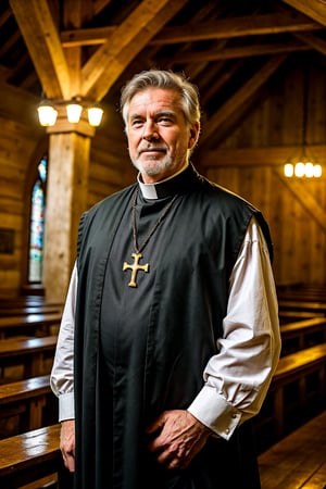 a Man, Father O'Reilly, The town priest, who has contact with many of the inhabitants and may have heard important confessions. Man of about 55 years old, with a robust figure and large hands. He has short, gray hair and a short, well-groomed beard. He always dresses in black with a white clerical collar. His eyes are kind, but his voice is firm and authoritative when necessary. with a shrewd look. appearance of the old west, old american west. (full dark background), 1girl, masterpiece, best quality, high resolution, 8K, HDR, bloom, ray tracing, detailed shadows, bokeh, depth field, film photography, film grain, glow, (wind:0.8), cinematic lighting, (hyper detailed:1.15), 1man, in his rustic church from the 1800's, in the old American west, 