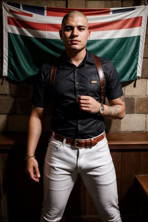 Daniel "El Tradicionalista" García, 25 years old, shaved head, serious look and firm attitude. He wears a white polo shirt, black suspenders, skinny jeans, and Dr. Martens boots. He wears a belt with the English flag, a studded leather bracelet and a ring in the shape of a lion. Quiet, lover of ska music and defender of racial unity. He enjoys going to pubs, dancing to music, and participating in traditional Skinhead community events.