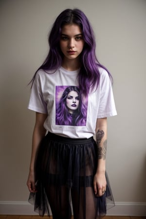 Violet is a 19-year-old emo studying art at a local university. She has long, dyed purple hair, with strands in blue and pink tones, and has piercings in her nose and ears. Her style is alternative and expressive, with dark and dramatic makeup, such as eyeliner and dark lips. She dresses in tight-fitting, gothic-style clothing, with t-shirts printed with melancholic images and tulle skirts. He always carries a diary where he writes poems and thoughts about his emotions and personal experiences.,nipples