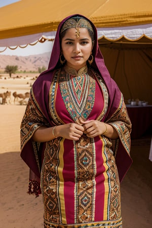 "Create an image of a beautiful Berber woman dressed in traditional attire, standing in front of the Atlas Mountains in Morocco. Include elements such as a Berber tent, camels, and intricate patterns on her clothing.