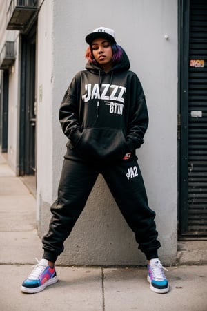 Jazz is a 22-year-old B-girl who lives in an urban city. Voluptuous, she has short, brightly dyed hair, and wears an urban, sporty style, with hoodies and sneakers. His passion for breakdancing is reflected in his skill and dedication on the dance floor, where he demonstrates his unique style and creativity in every move. Jazz is also a talented street artist, using graffiti culture as another form of artistic expression. She is known in the hip hop community for her energy and commitment to art and culture.,sagging breasts