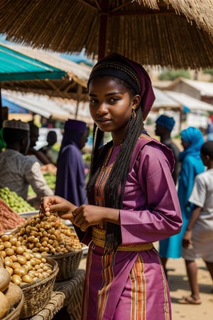 "Create an image of a beautiful 16-year-old girl from the Hausa people in a bustling market in Kano, Nigeria, wearing traditional costumes. Include vibrant market stalls, Hausa architecture and a background of the ancient city walls."