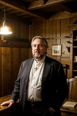 a Man, Father O'Reilly, The town priest, who has contact with many of the inhabitants and may have heard important confessions. Man of about 55 years old, with a robust figure and large hands. He has short, gray hair and a short, well-groomed beard. He always dresses in black with a white clerical collar. His eyes are kind, but his voice is firm and authoritative when necessary. with a shrewd look. appearance of the old west, old american west. (full dark background), 1girl, masterpiece, best quality, high resolution, 8K, HDR, bloom, ray tracing, detailed shadows, bokeh, depth field, film photography, film grain, glow, (wind:0.8), cinematic lighting, (hyper detailed:1.15), 1man, in his rustic office from the 1800's, in the old American west, 