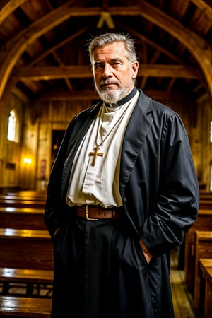 a Man, Father O'Reilly, The town priest, who has contact with many of the inhabitants and may have heard important confessions. Man of about 55 years old, with a robust figure and large hands. He has short, gray hair and a short, well-groomed beard. He always dresses in black with a white clerical collar. His eyes are kind, but his voice is firm and authoritative when necessary. with a shrewd look. appearance of the old west, old american west. (full dark background), 1girl, masterpiece, best quality, high resolution, 8K, HDR, bloom, ray tracing, detailed shadows, bokeh, depth field, film photography, film grain, glow, (wind:0.8), cinematic lighting, (hyper detailed:1.15), 1man, in his rustic church from the 1800's, in the old American west, 