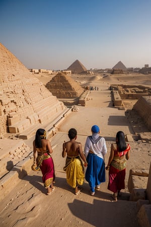 "Generate an image of beautifull woman ancient Egyptians near the pyramids of Giza, with individuals dressed in traditional ancient Egyptian clothing, surrounded by hieroglyphics and the Nile River in the background."