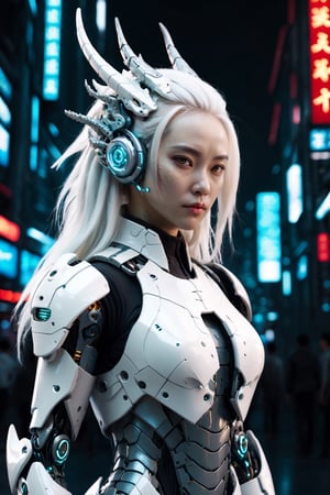 Full body,  outer_space,  robot female, human face, dragon skin, dragon scale pattern ,holding dragon head weapon, with long white hair,dragon-themed, complex background:1.1,Chinese Dragon,Mecha,Cyberpunk,Katon,3d toon style