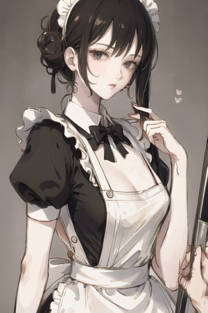 1girll, maidennurse,  brunette color hair, mature, aprons, maid headdress, Single bun, black eye, hair-bun, looking at viewert, maid apronl,narberal_gamma, A high resolution, tack sharp focus, Pixiv masterpiece, （（Complicated details））, The is very detailed,