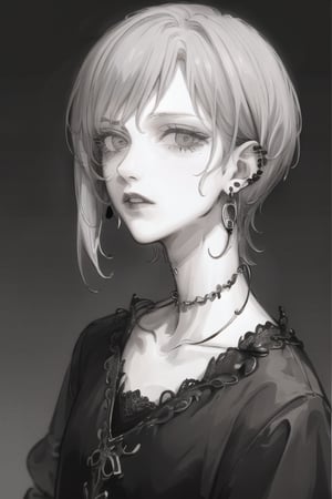 gothic, grey_hair, short_hair, 1boy, earrings, solo, ear_piercing