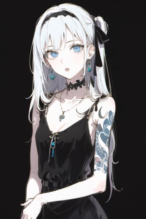 1girl, solo, jewelry, long hair, breasts, blue eyes, earrings, tattoo, parted lips, hair ribbon, dress, looking at viewer, ribbon, black background, black dress, black ribbon, bangs, necklace, small breasts, upper body, collarbone, hairband, choker,tattoo