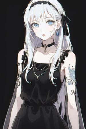 1girl, solo, jewelry, long hair, breasts, blue eyes, earrings, tattoo, parted lips, hair ribbon, dress, looking at viewer, ribbon, black background, black dress, black ribbon, bangs, necklace, small breasts, upper body, collarbone, hairband, choker,tattoo